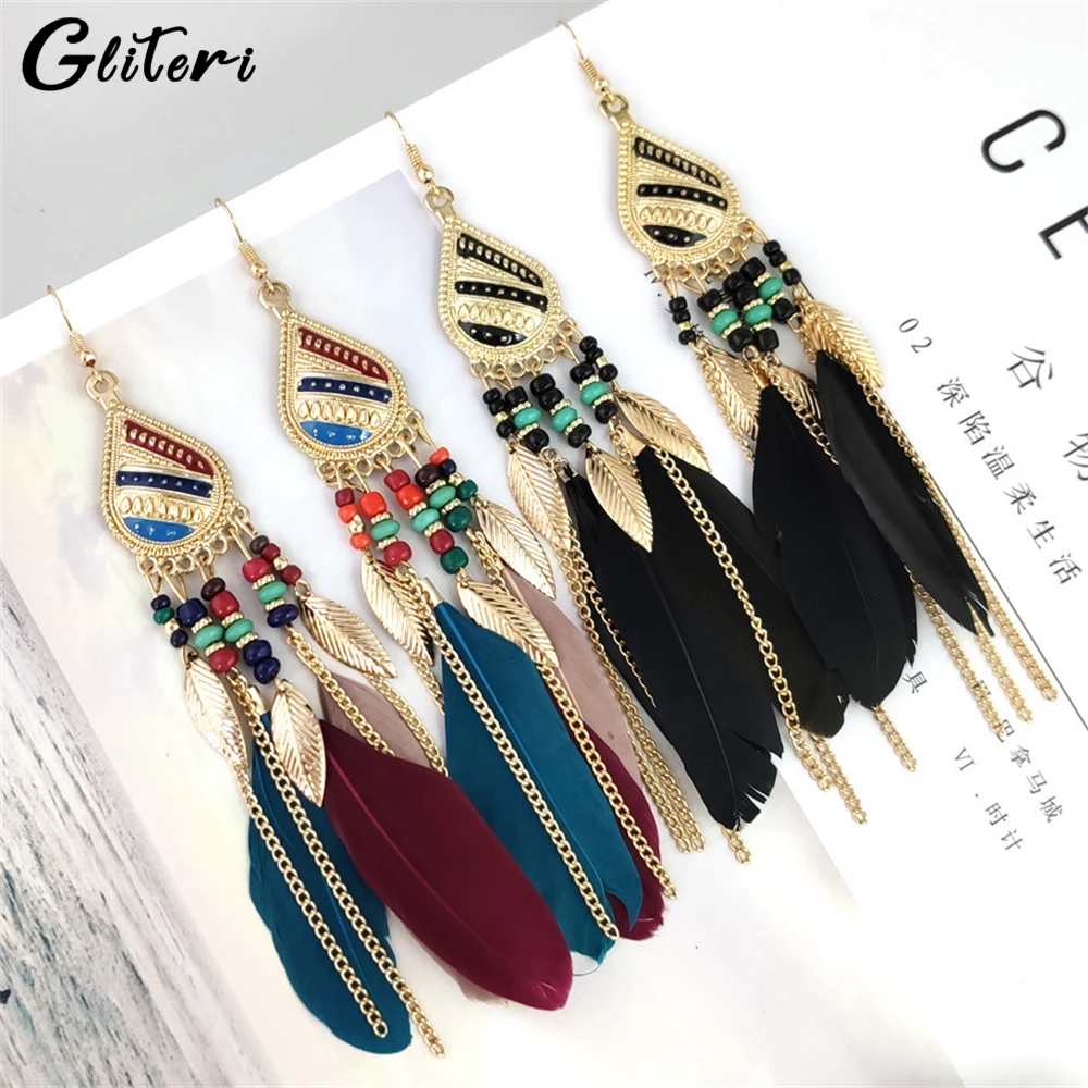 GEITERI Bohemia Water Drop Feather Tassels Earrings For Women Girls Classic Gold Color Beads Drop Earring Jewelry Party Gifts