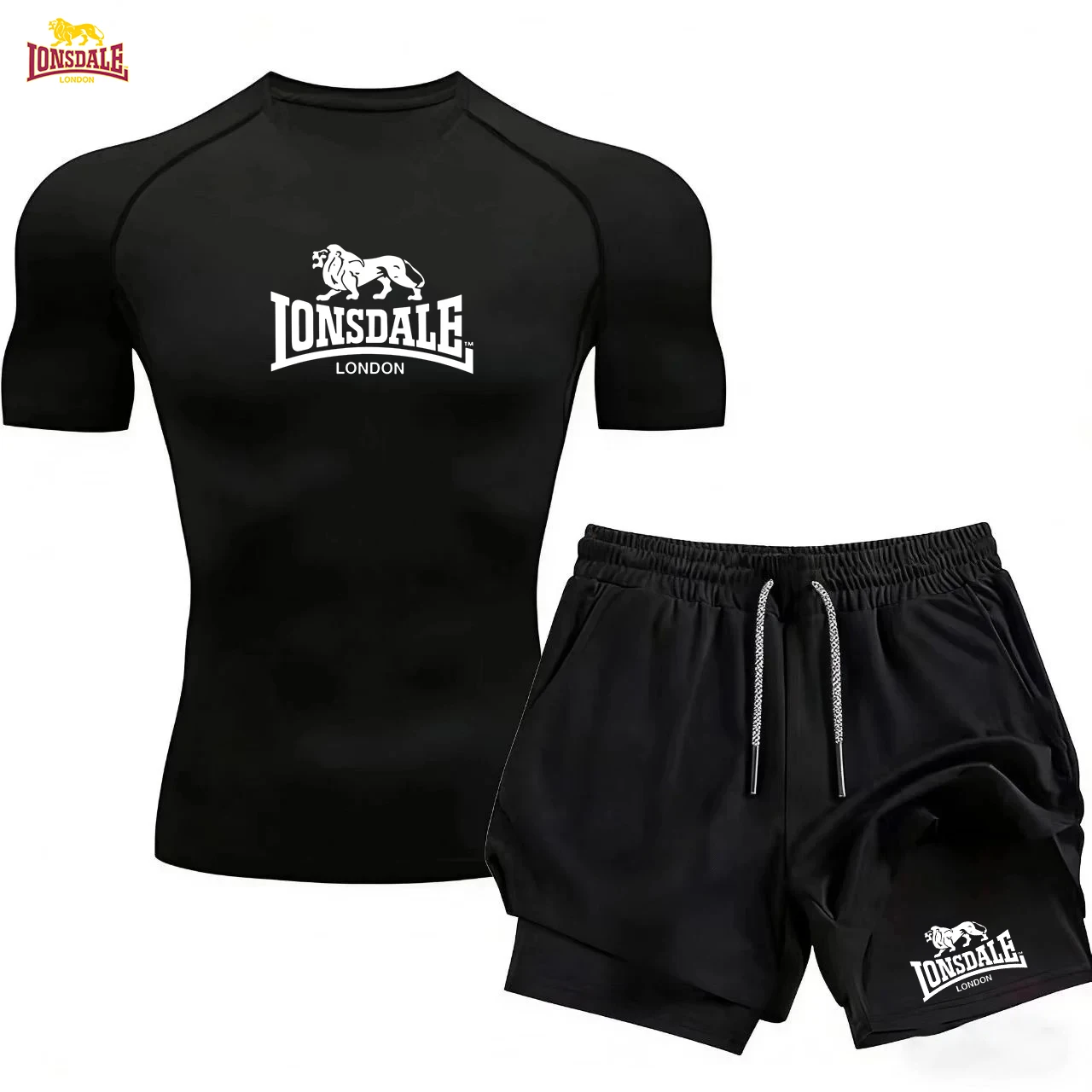 Фото LONSDALE - Мужская хлопковая спортивная одежда, быстросохнущие комплекты спортивной одежды, летние футболки с короткими рукавами, + комплект для утренних пробежек 2-в-1. №1