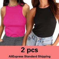 Two Piece Top women Women Solid Basic T-shirts Sexy Backless Tank Top women Vest Seamless Streetwear Elastic Rib-Knit y2k top
