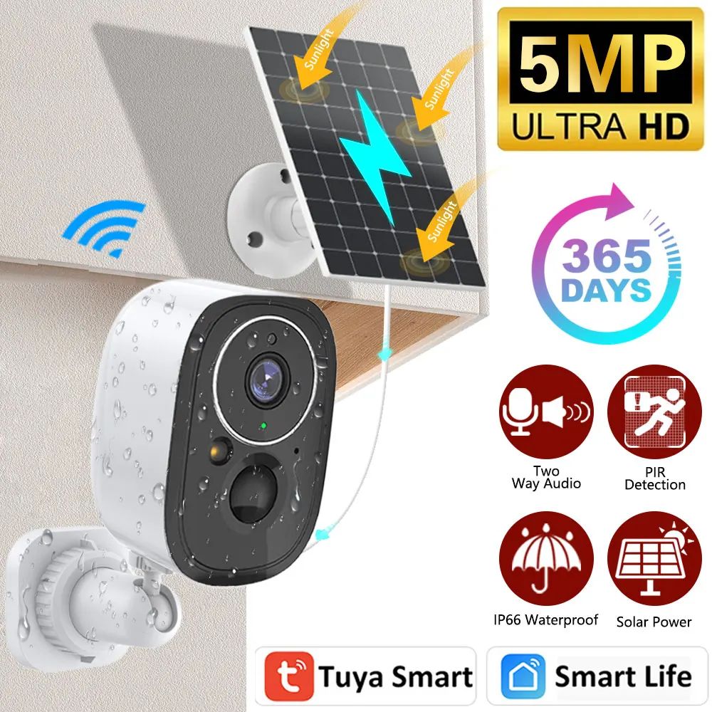 

5MP Tuya Smart Low Power Bulit-in Battery WIFI Solar Camera Outdoor 2-Way Audio Color Night Vision Security Camera Cloud Storage