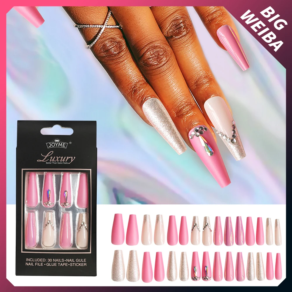 

30 шт./компл. Новые французские накладные ногти в форме балерины Свадебные романтические длинные гвозди с бриллиантами Многоразовые Накладн...