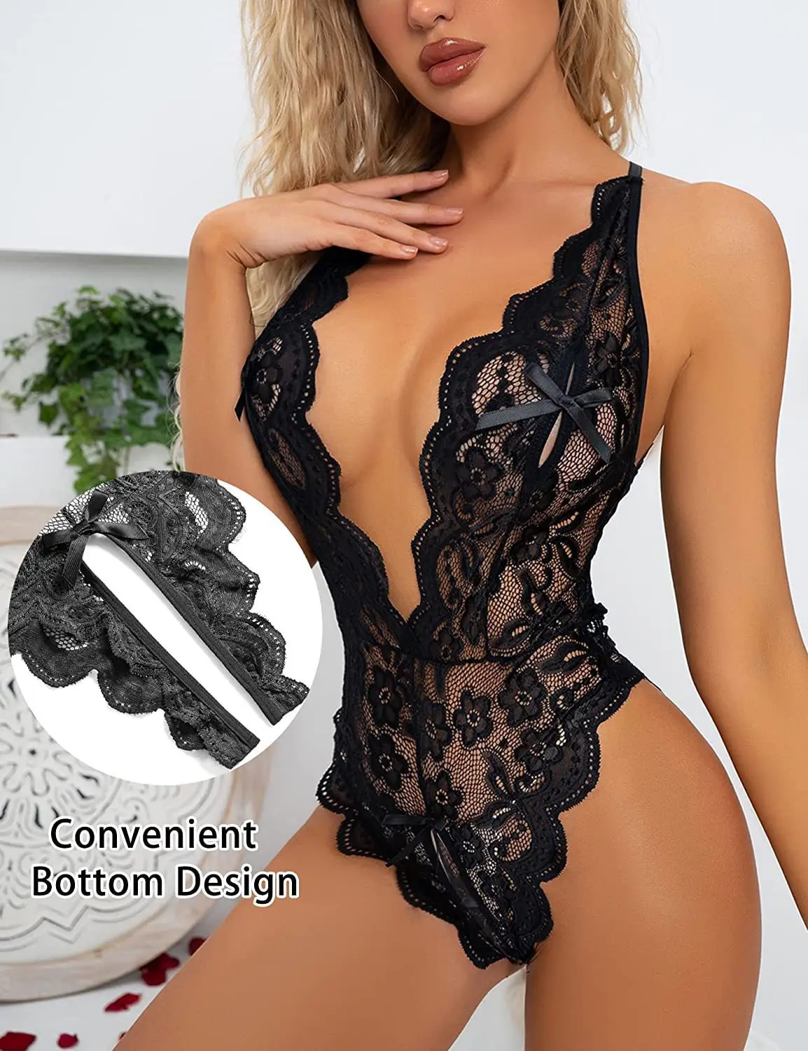

ZUZZEE Women Sexy Lace Transparent Lingerie Sleevelss Backless Open Crotch Backless One-piece Erotic Lingerie