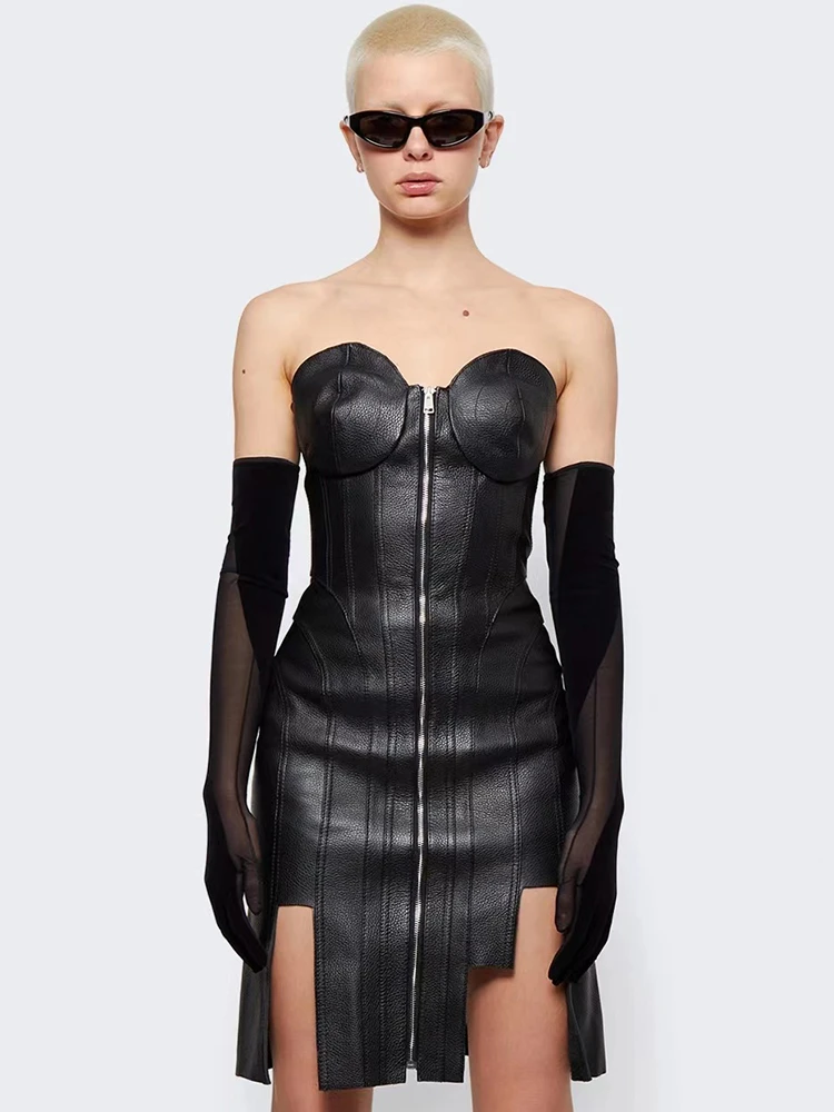 

Women's Sexy Strapless Party Club Evening Bodycon Pu Leather Front Zipper Mini Dress 2023 Summer Wholesale Products