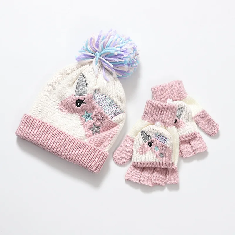 

Baby Girl Autumn Winter Warm Knitted Hat Gloves Set Cute Pompom Beanie Children Unicorn Hats Solid Hairball Kids Caps Bonnet