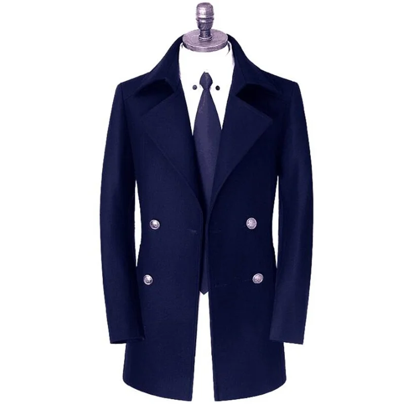 

Шерстяное пальто средней длины для мужчин, молодежная двубортная куртка с лацканами темно-синего цвета, для мужчин