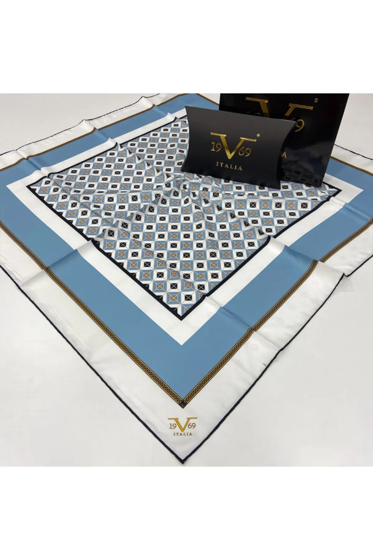 White Light Blue Twill Scarf Geometric Pattern Black Serial Askısı Together With 90x90 cm Polyester Hijab Clothing