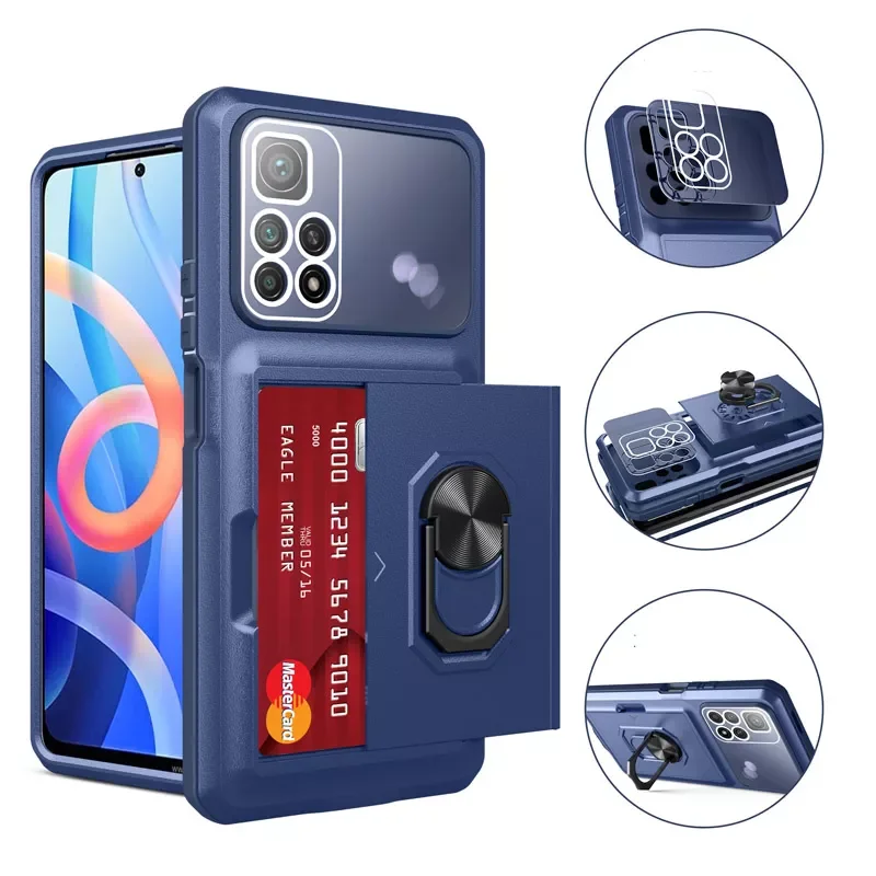 

New Funda Case for Xiaomi Redmi Note 11 Pro Poco M4 Pro Card Pocket Magnetic Metal Ring Stand Coque Protetcion Phone Case Cover