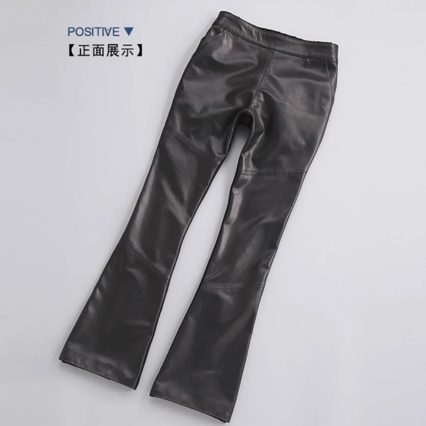 Elastic waist Small flare S-4XL real Sheep leather Pants female fashion brand ankle length Genuine leather pants F965
