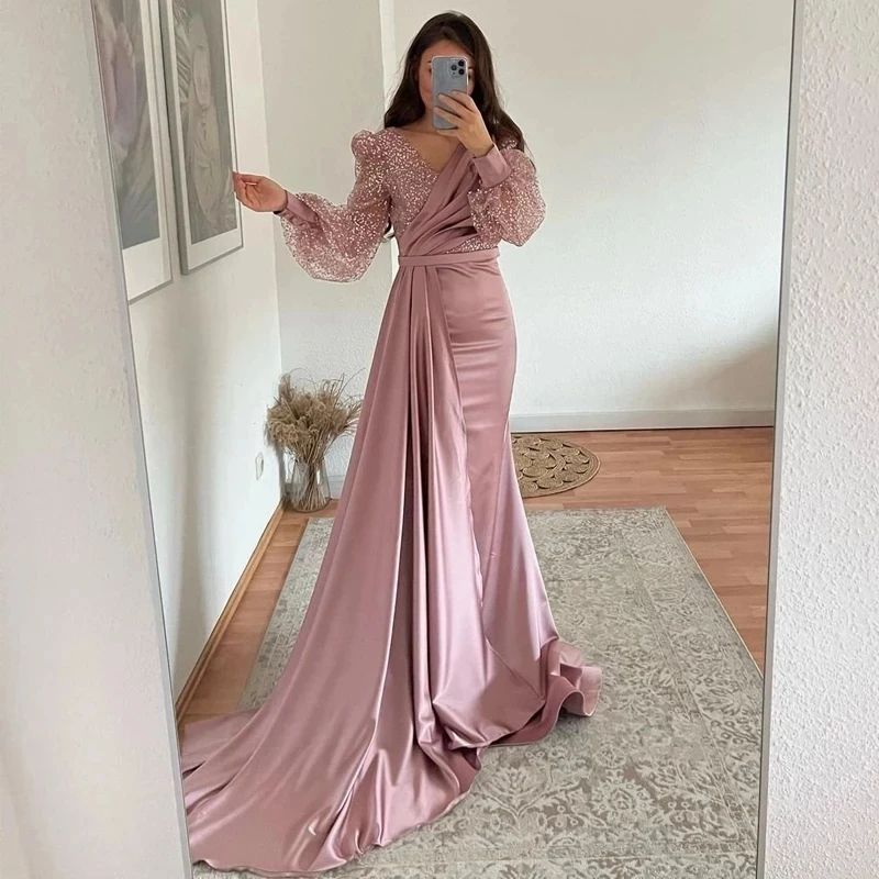

ANGELSBRIDEP Pink Prom Dresses Glitter V-neck Evening Dress Puff Sleeve High Split Lace Saudi Arabia Dubai Cocktail Party Gown