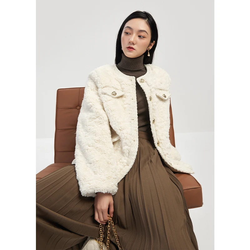 SHUCHAN Faux Fur  Coats for Women  Thick Warm Fur  High Street  Spliced  Winter  O-Neck  Single Breasted  Wide-waisted