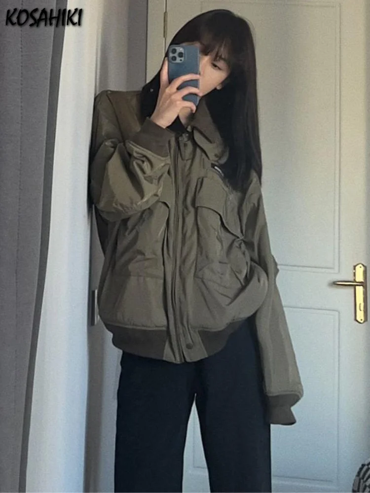 

Streetwear Turn Down Collar Jackets Women Zipper Patchwork Y2k Aesthetic Loose Casual Coats New All Match Harajuku Pocket Tops