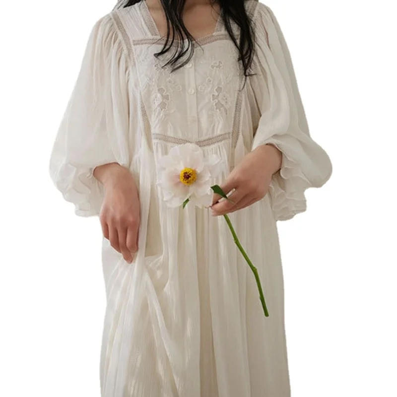 

Princess Style Palace Embroidery Nightgown Gauze Cotton Long Nightdress Solid Color Lace Loose Nightie Skin-Friendly Breathable