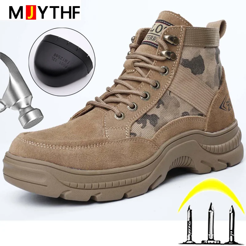 

Genuine Leather Men Work Safety Boots Steel Toe Cap Indestructible Shoes Camouflage Military Boots Puncture-Proof security Shoes