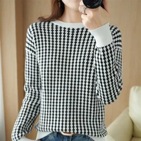 ladies fashion grid new korean version of all match knit sweater long sleeve round neck pullover loose pure cotton sweater women