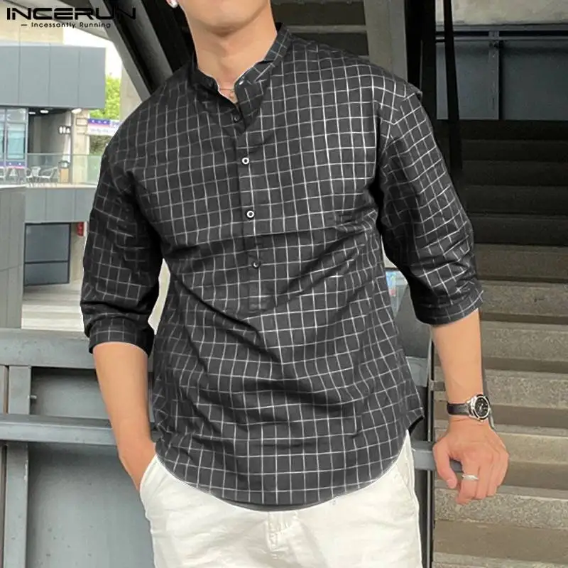 

INCERUN Tops 2023 Korean Style New Men's Fashionable Plaid Collar Design Shirts Casual Streetwear Male Long Sleeved Blouse S-5XL