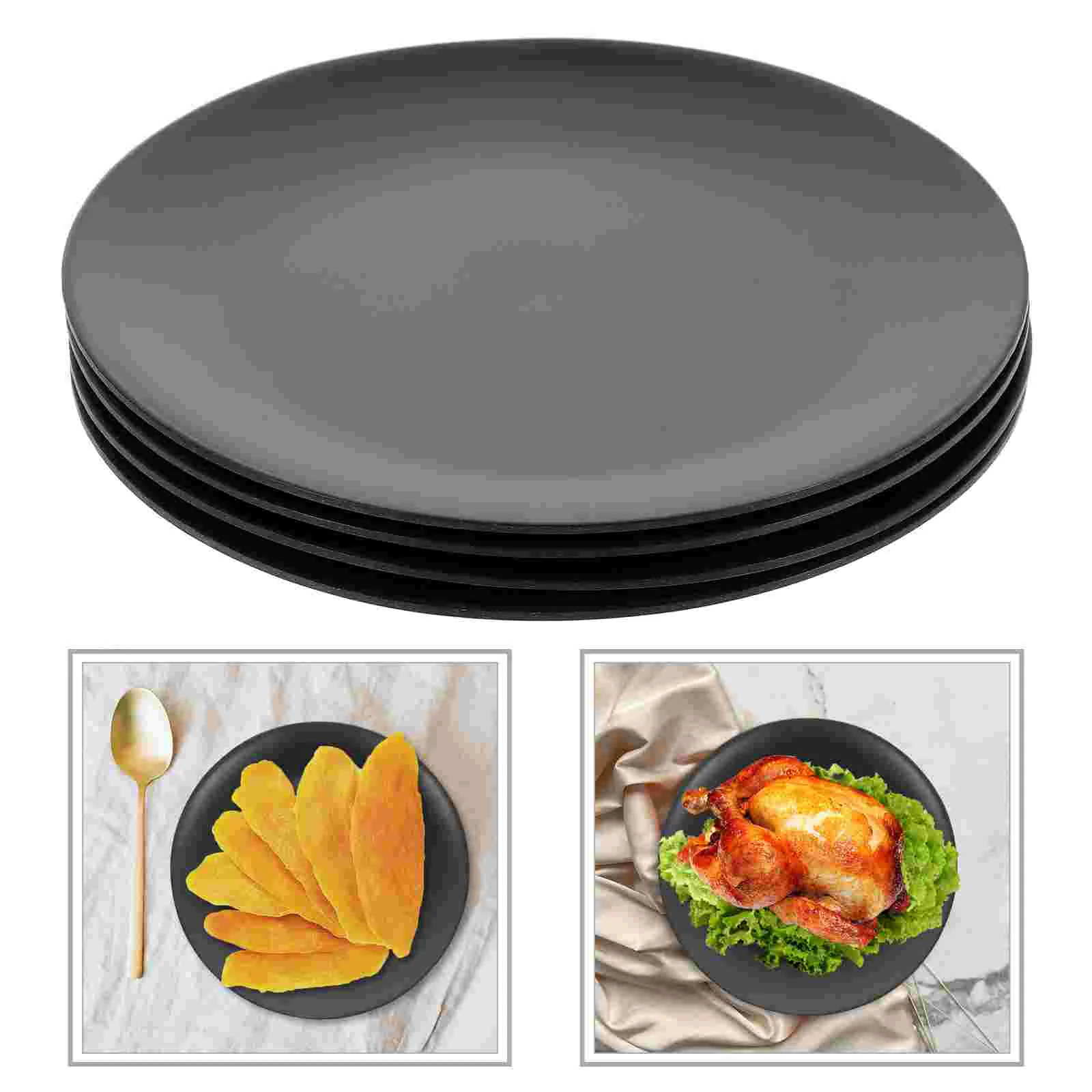 

4 Pcs Black Melamine Plate Plastic Plates Round Dish Sushi Appetizer Dinner Flat Bottom Lunch