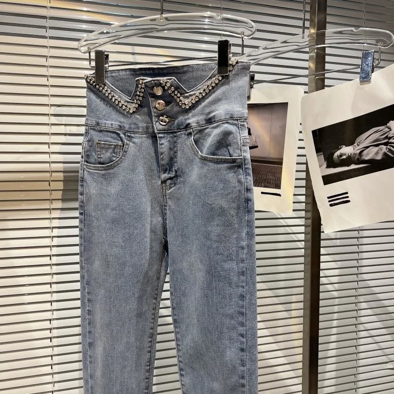 

Nail Bead Waist Tight Elastic Pencil Jeans