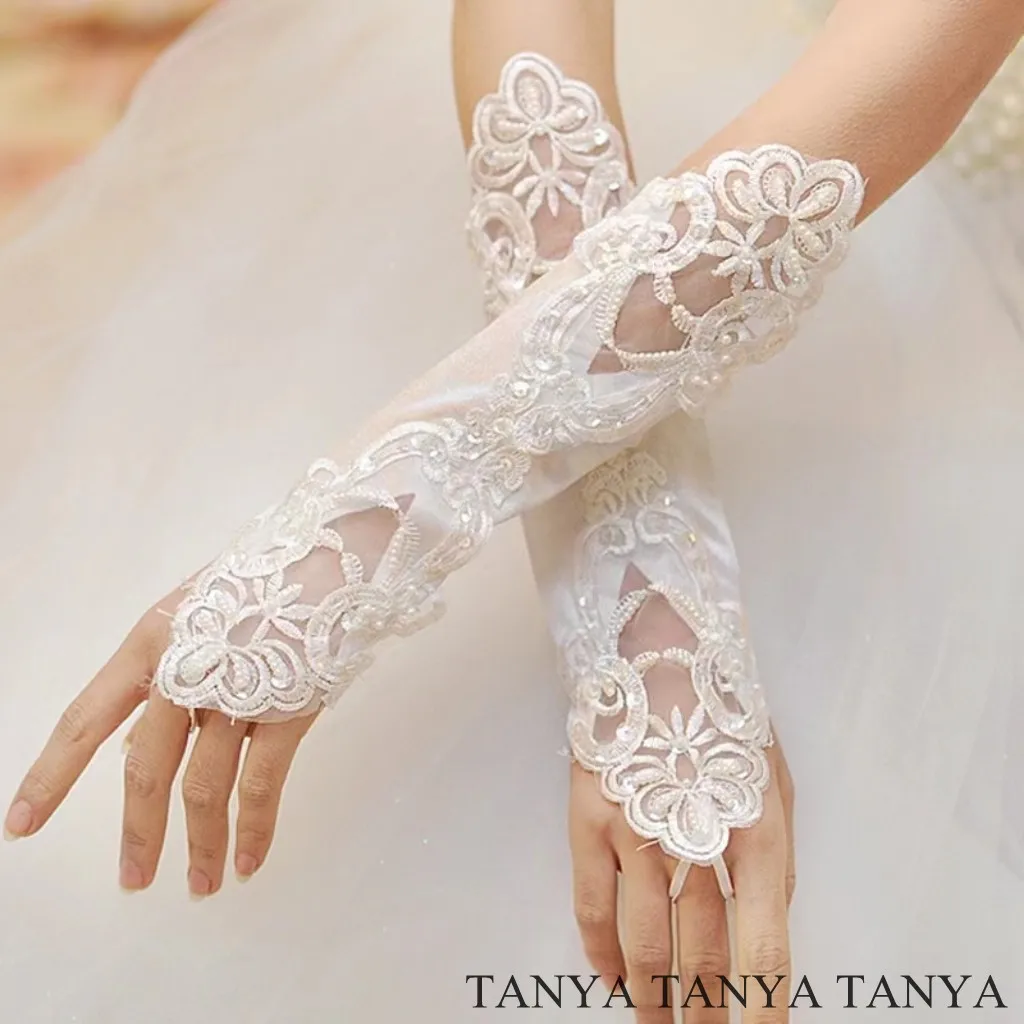

Women White Wedding Lace Sleeves Generous Detachable Beaded Sleeves Bridal Accessories Elegant Open Finger Bride Gloves SWD675