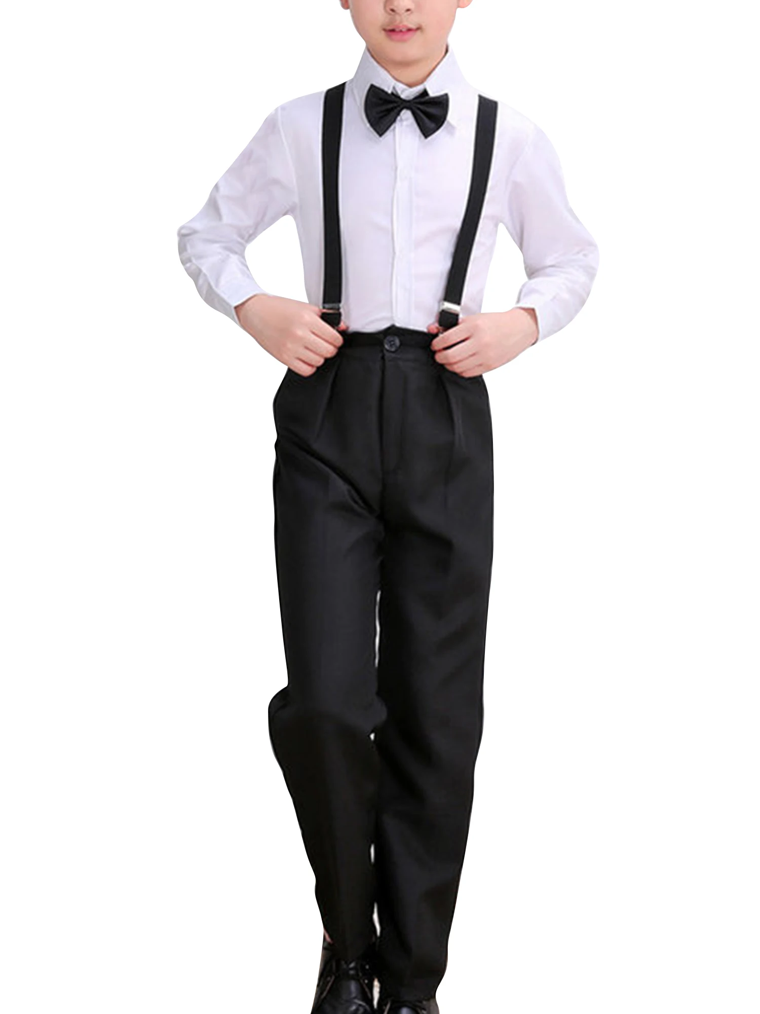 

Kids Boys Performance Clothes Set Long Sleeve Turndown Collar Button Closure Bow Tie Top with Suit Pants and Suspender