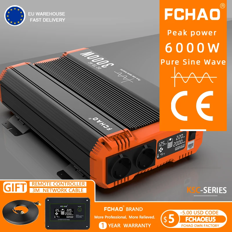 FCHAO onda sinusoidale pura 6000W Inverter 12V 24V a 230V convertitore di energia solare Display LCD trasformatore di tensione accessori Auto EU