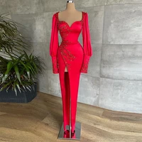 xijun gorgeous red sequin beadings satin mermaid prom dresses long sleeves high side split pleat ruched evening party gown 2022