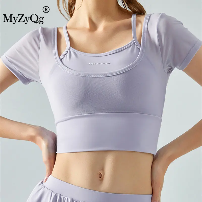 

MyZyQg Women T-shirts with Chest Pad Mesh Gauze Fake Two-piece Yoga Short Sleeve Breathable Sports Quick Dry Fitness Crop Top
