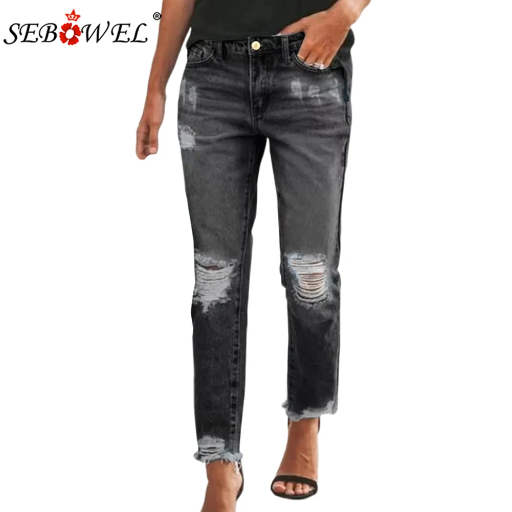 

SEBOWEL Blue Patched Color Block Ripped Jeans Woman New Mid Rise Slim Fit Skinny Jeans Pants Female Destroyed Style Pencil Pants
