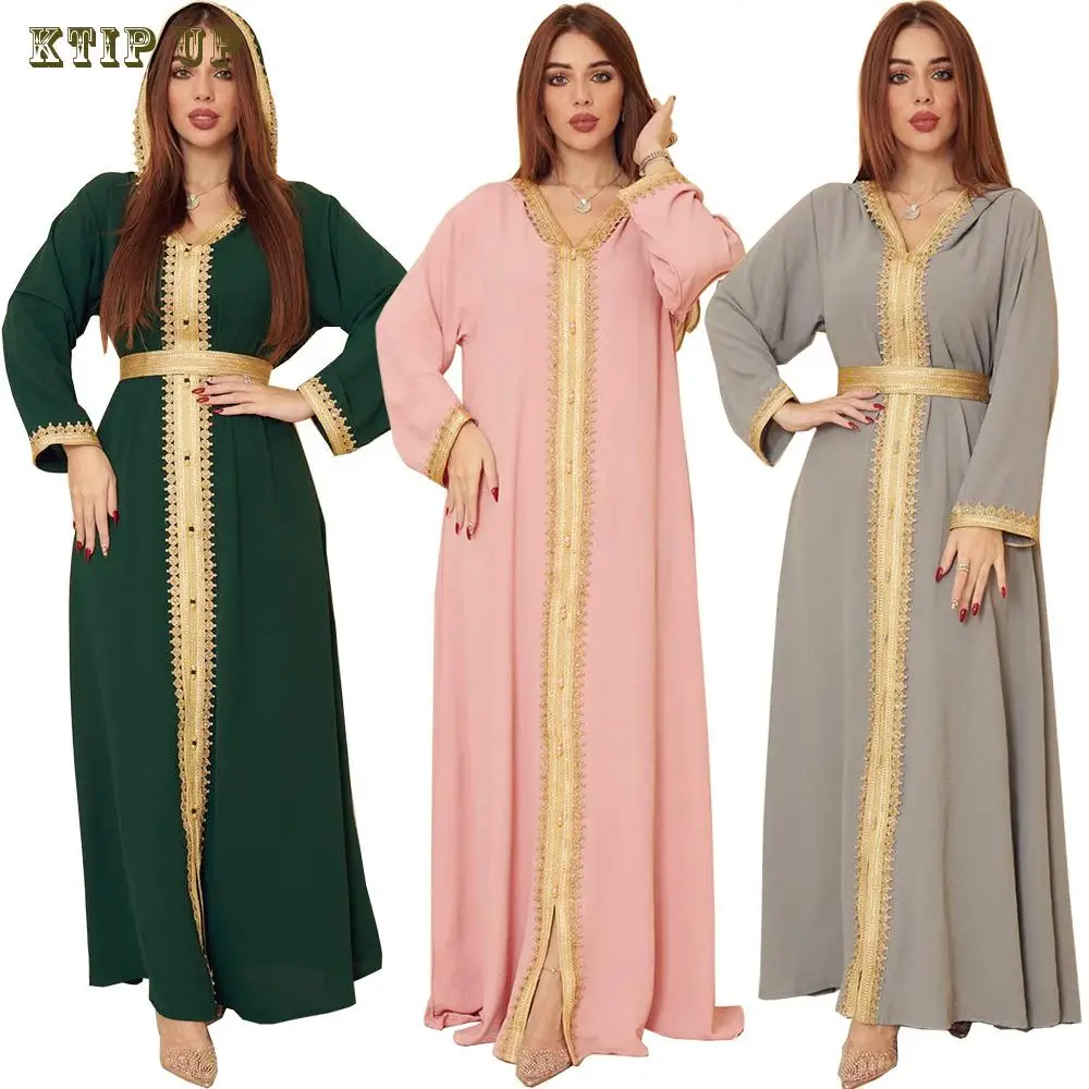 

Eid Dubai Middle East Arabic Muslim Abaya Dress For Women Fall Champagne Moroccan Kaftan Hooded Robe Turkish Islamic Jalabiya