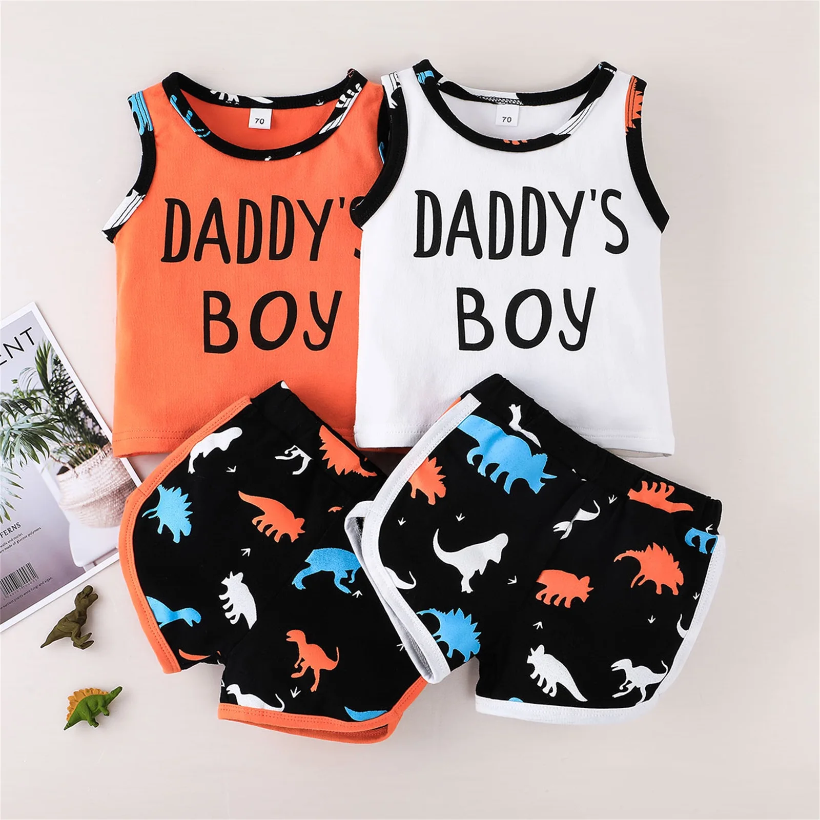 

2Pcs Baby Boys Clothing Summer Cotton Outfits Letter Print Sleeveless Round Neck Tanks Tops Dinosaur Shorts Casual Set