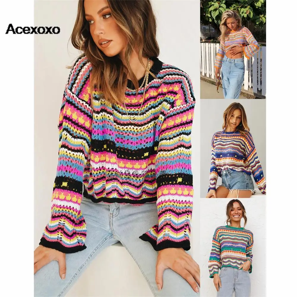 

Autumn and winter women's knitted women's set rainbow striped long women's knitted sweater