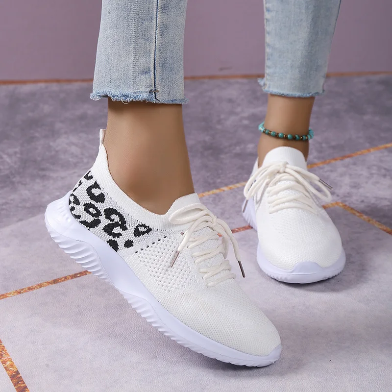 

Women's Tennis Shoes 2023 Autumn New Leopard Breathable Lace Up Sport Sneakers 36-43 Large-Sized Female Walking Running Flats