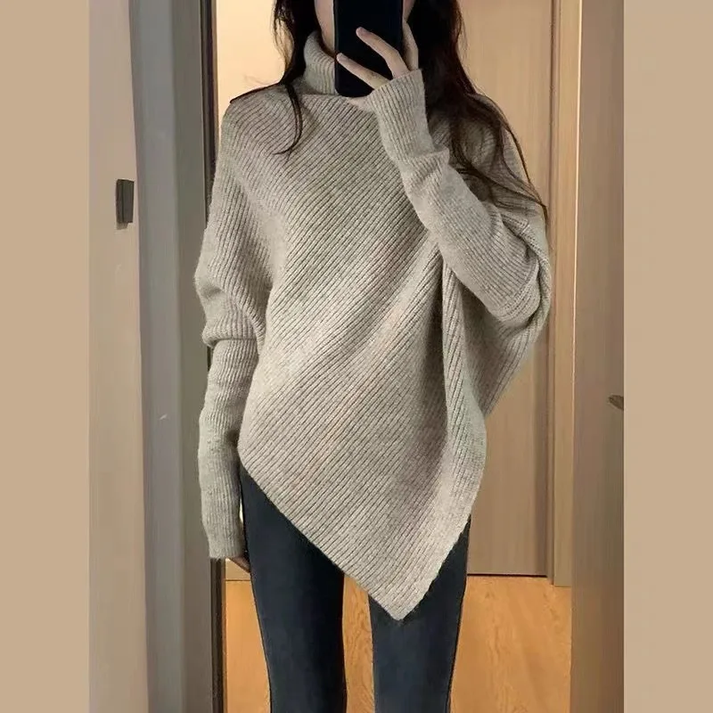 

Korean Version Spring And Autumn Style Loose Irregular Batwing Turtleneck Sweaters Women Knitwears Winter Girl Clothes