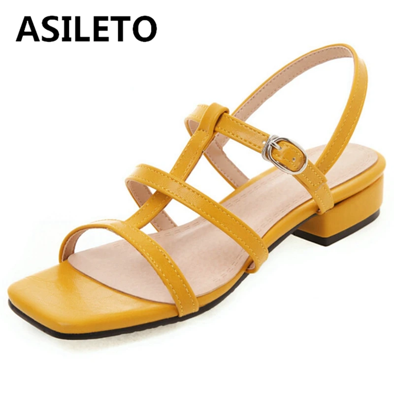 

ASILETO 2022 Summer Big Size 28-50 Women Sandals Open Toe Low Heels Straps Upper Casual Style Daily Shoes Apricot Green S3532