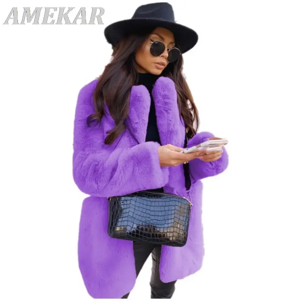 2023 Autumn Winter Women Real Fur Coat Elegant Warm Solid Office Lady Long Sleeve Pockets Turn-down Colla Purple Jacket Feminino