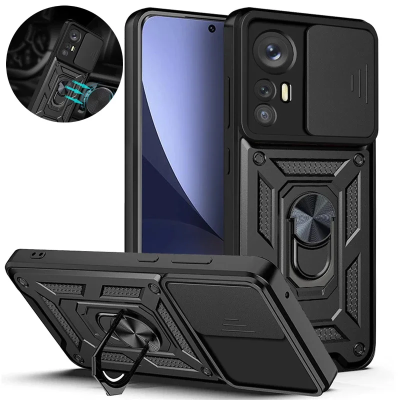 

Slide Lens Cover Case For Xiaomi Redmi 9 9A 9C 10X Note 8 9 Pro 9S 9T Shockproof Metal Ring Holder Phone Case For Mi 11 Lite