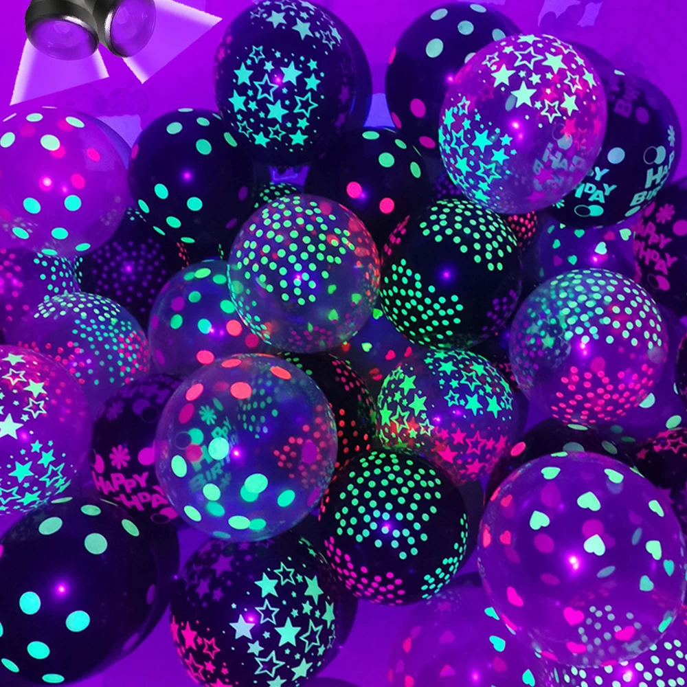 10PCS 12inch UV Neon Glow Fluorescent Balloons Decor Happy Birthday Party Balloons Glow In The Dark Blacklight Reactive Supplies