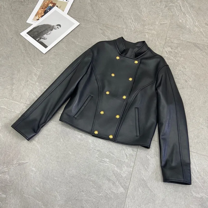 

Natural Leather Women Coat Lambskin Leather Bomber Biker Jacket Long Sleeves 100% Sheepskin Leather Coat H323