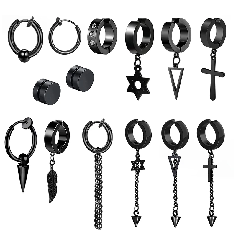

1/13pairs Stainless Steel Non Pierced Clip On Earrings for Men Women Magnetic Stud Earrings Punk Dangle Huggie Hoop Earrings Set