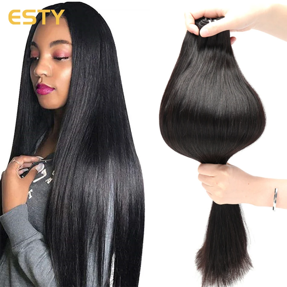 Esty 10A Straight Human Hair 3 Bundles with Closure Unprocessed Virgin Human Hair Weave Extensions 2x6 Transparent Lace Closure