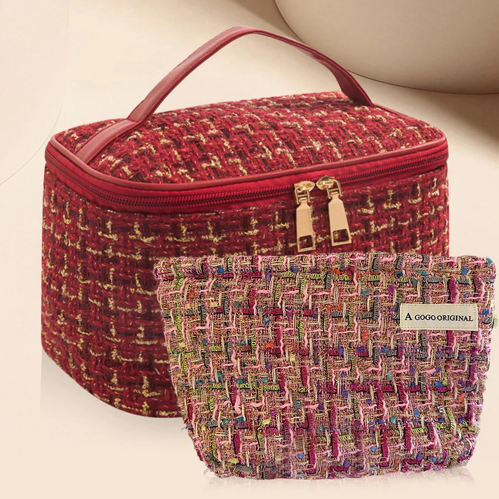 

2 Pcs Travel Makeup Bag Large Capacity Tweed Cosmetic Bag with Handle Zipper Multifunctional for Women and Girls