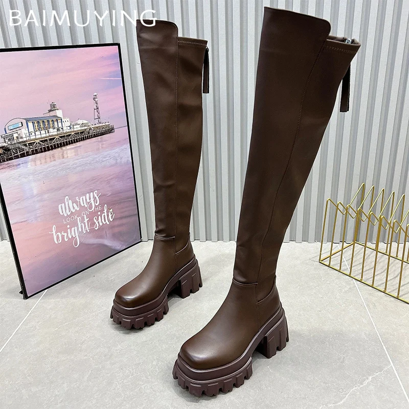 Кожаные женские высокие сапоги на массивном массиве модные ботинки высоком