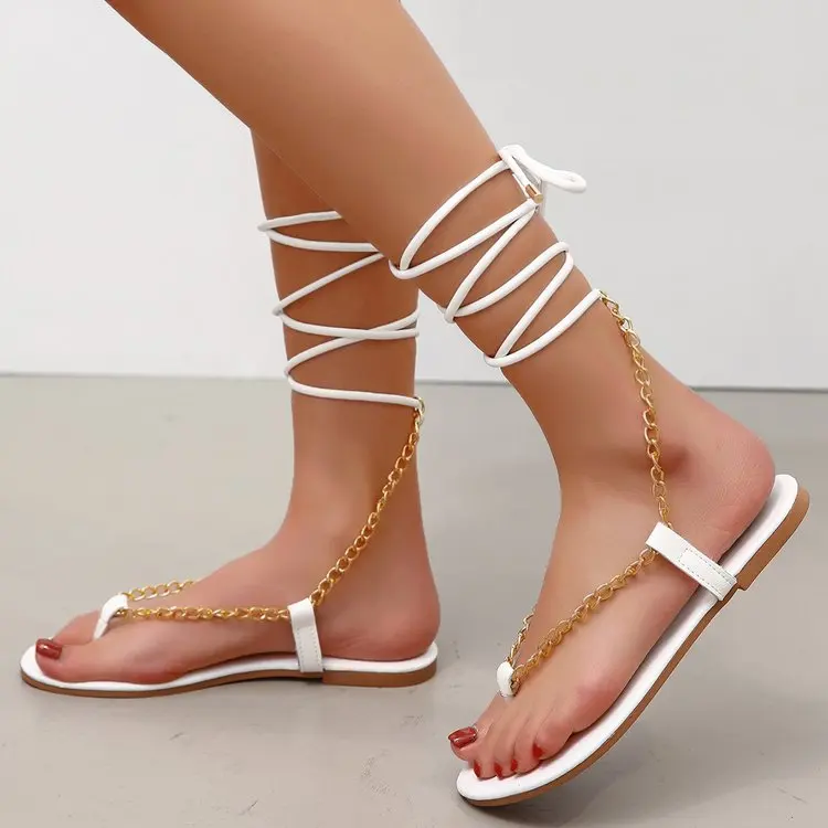 

Summer Sexy Trend Women Sandals Metal Chain Narrow Band Cross Tied Flat Heel Fashion Ladies Shoes Female Casual Wedding Rome