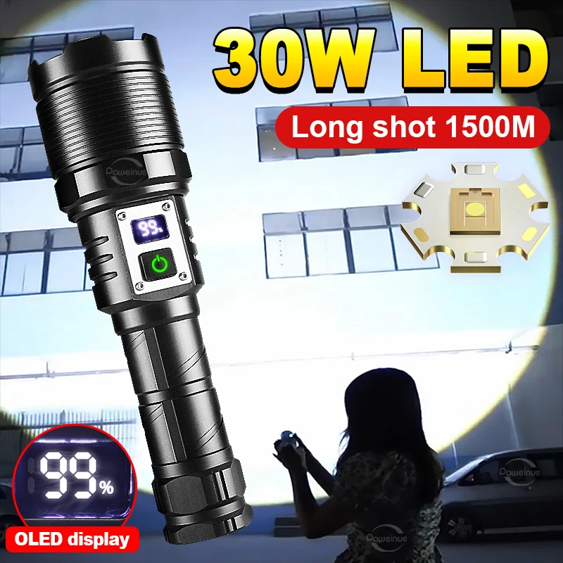 

New 30W Long Shot High Power LED Flashlights USB LED Recharge Flash Light 1500M Powerful Flashlight Tactical Lantern Torch