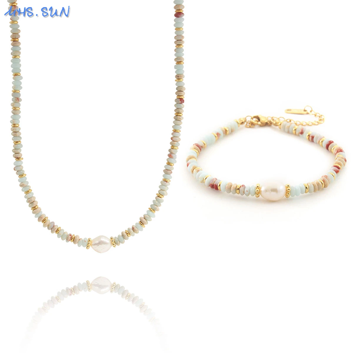 

MHS.SUN Trendy Handmade Bohemia Necklace Pearl Bracelet Colorful Natural Stone Beaded Choker Jewelry Set For Women Girls 1Set