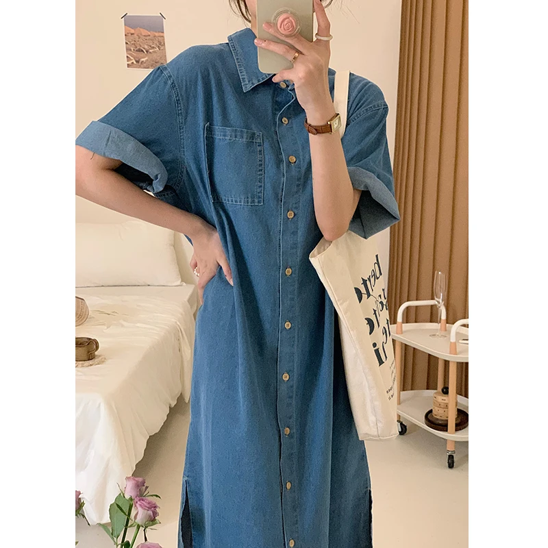 

Женское джинсовое платье в стиле ретро, однобортное Свободное длинное платье из денима с лацканами, одним карманом и Боковым Разрезом, лето