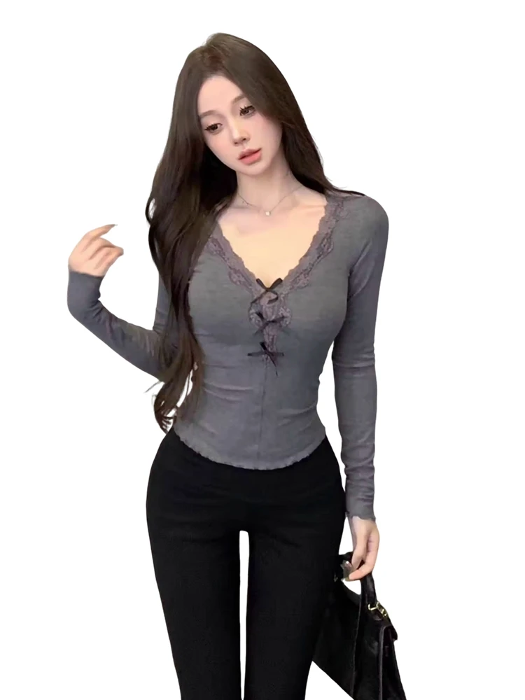 Inner wear Gray Lace Bottoming Shirt Women 2024 New Autumn and Winter High Sense Gyaru Short Long sleeves Top