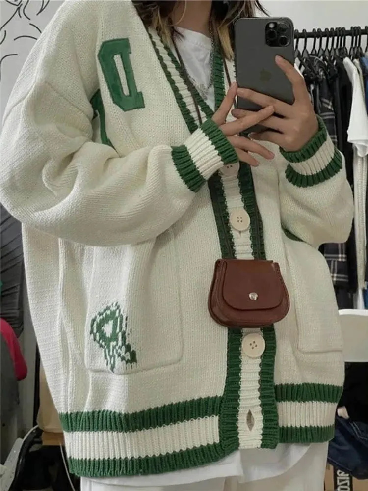 

Knitted Cardigan Women V Neck Sweater Female Vintage Long Sleeve Fashion Knit Sweaters Autumn Oversized Jumper Tops