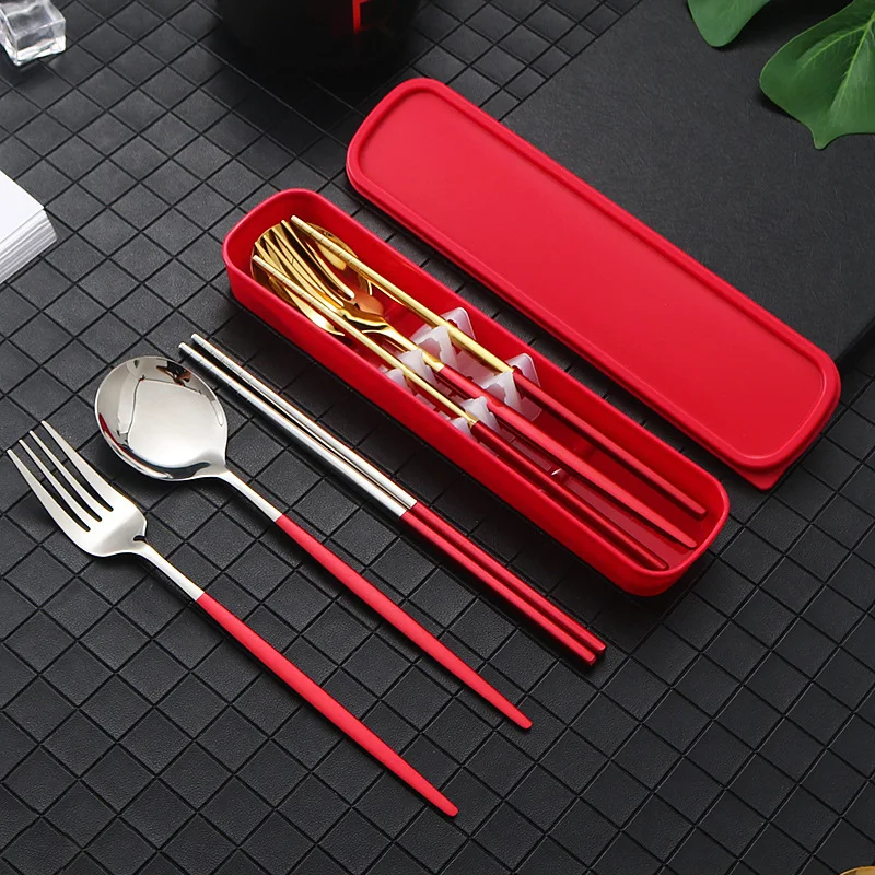 

3pcs Stainless Steel Portable Western Tableware Titanium-plated Color Gold Fork Spoon Chopsticks Cubiertos De Acero Inoxidable