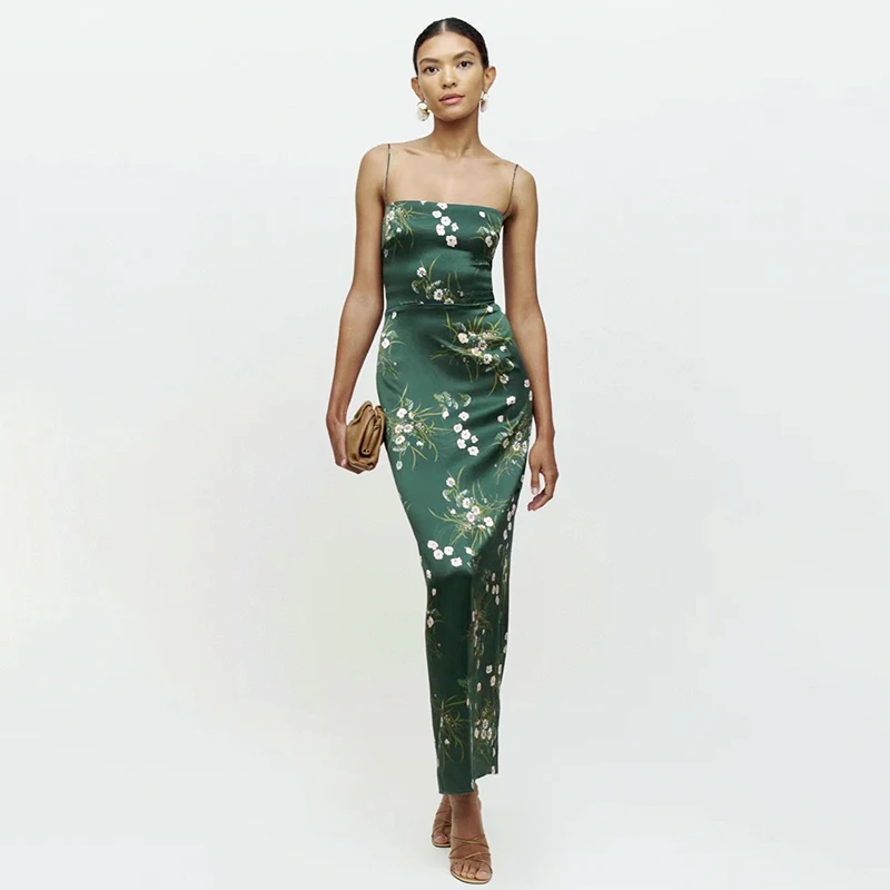 Women Flower Printed 100% Silk Strapless Slim Fit Elegant Fashion Split Midi Dress