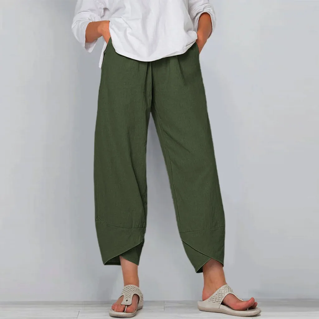 

Женские винтажные брюки-шаровары, повседневные свободные хлопковые льняные брюки с эластичным поясом и широкими штанинами, летние Асимметричные Брюки, укороченные штаны, 2022